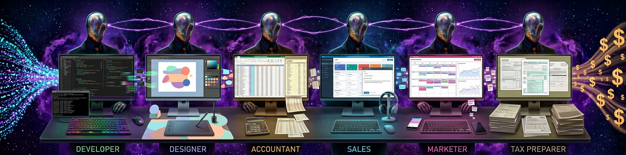 Six AI employees at their stations — developer, designer, accountant, sales, marketer, and tax preparer — turning tokens into revenue